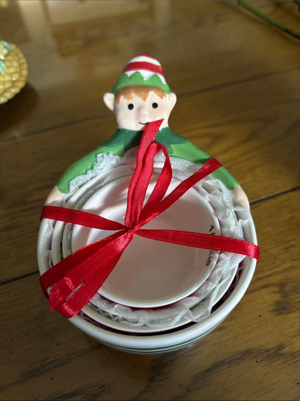 Festive Green Elf Ceramic Nesting Measuring Cups with Red Ribbon